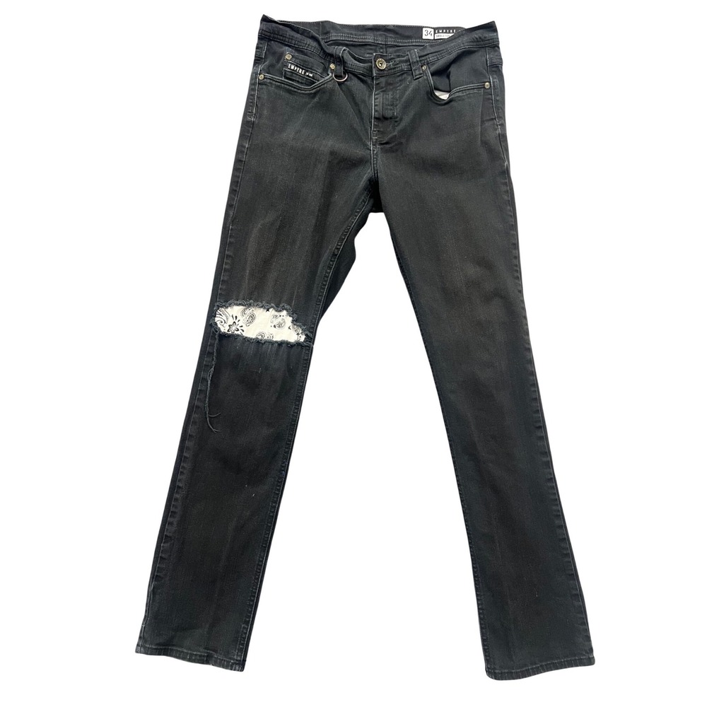 Empyre Skeletor Skinny Jeans Mens 34 Black Distressed Paisley Bandana Knee Patch